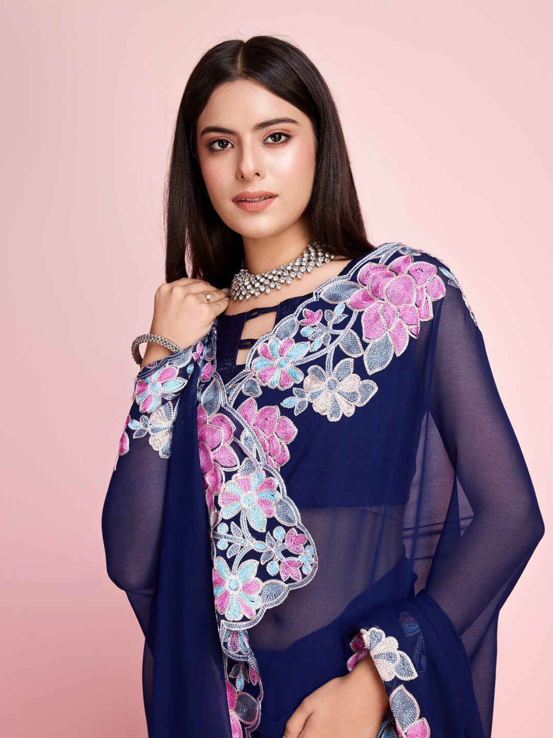

VAIRAGEE Embroidered Poly Georgette Designer Saree, Navy blue