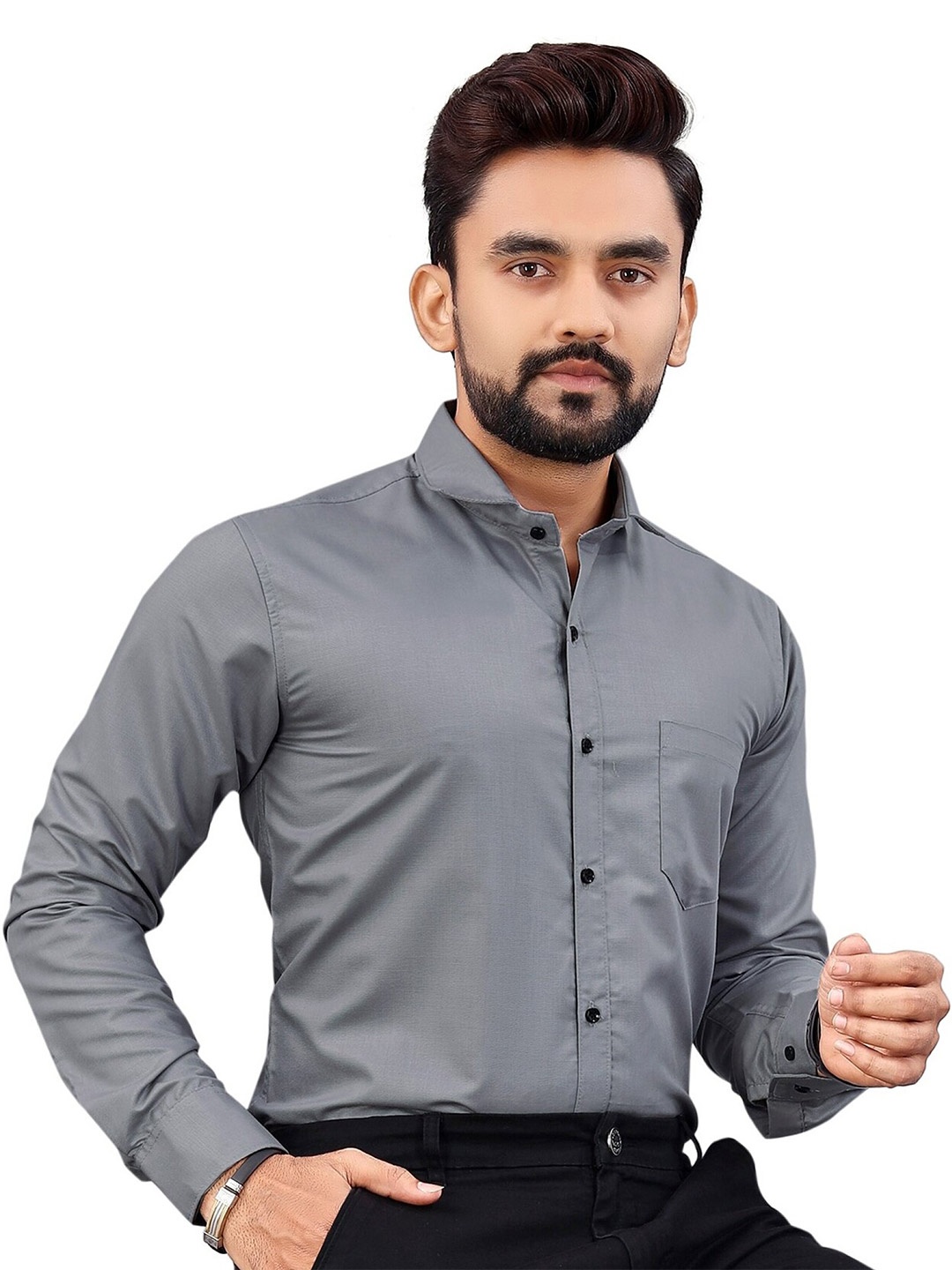 

KHUSHI CREATION Classic Self Design Spread Collar Casual Shirt, Grey