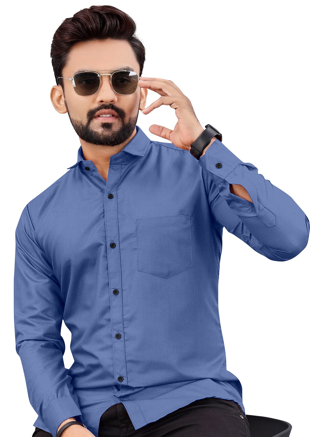

KHUSHI CREATION Classic Self Design Spread Collar Casual Shirt, Blue