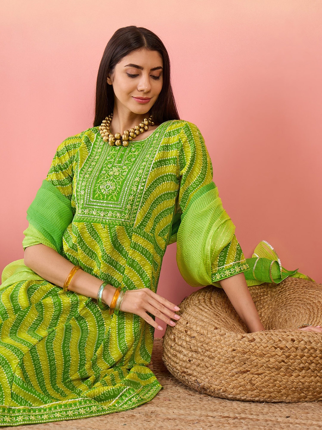 

Sangria Green Bandhani Printed Sequinned Anarkali Kurta With Trouser & Dupatta