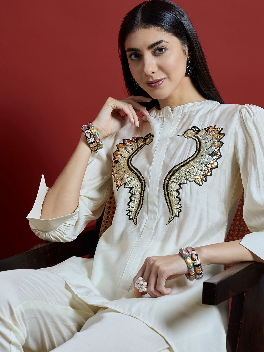 

Sangria Embroidered Mandarin Collar Tunic & Trouser, Off white