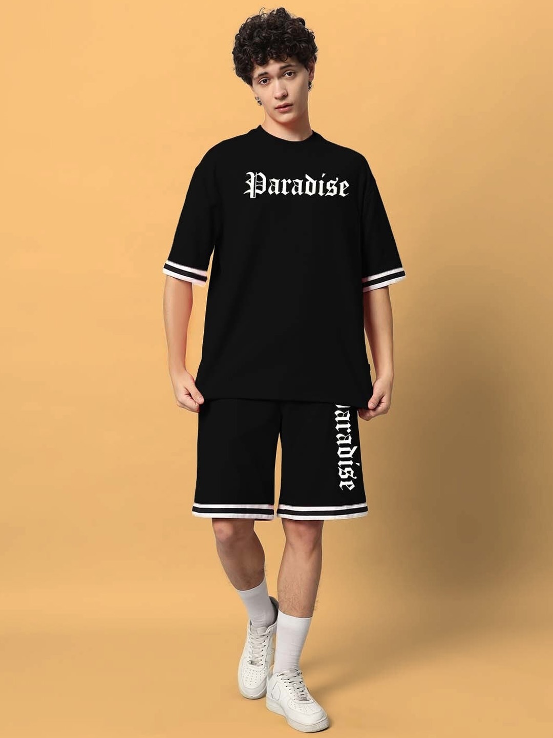 

WEARDUDS Paradise Printed Pure Cotton T-Shirt & Shorts Co-Ord, Black