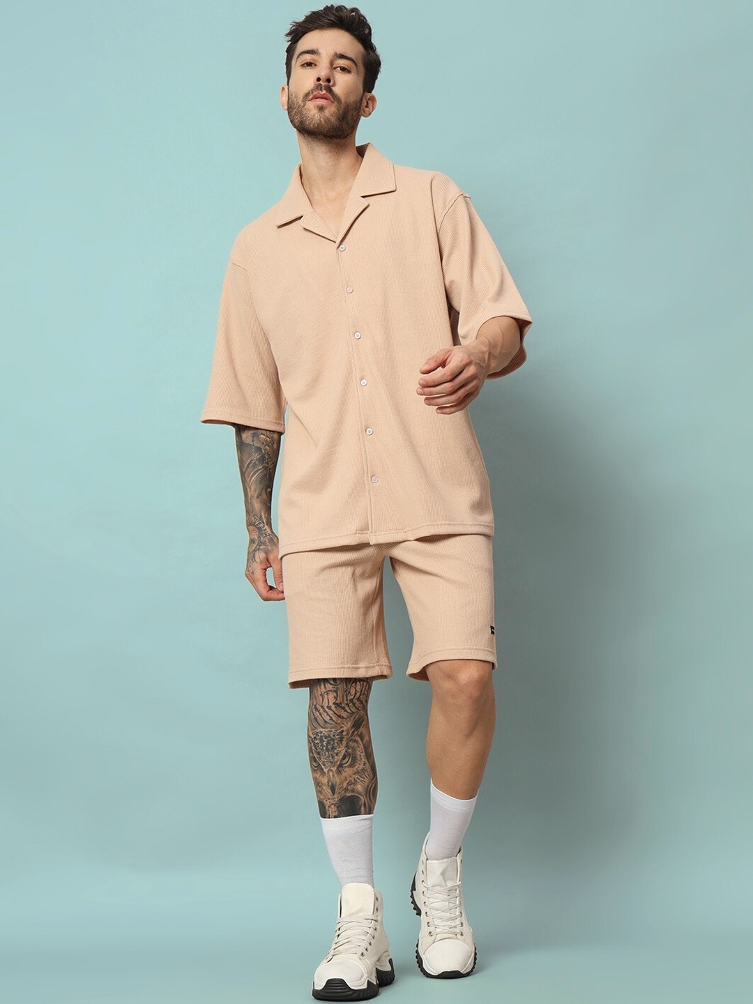 

WEARDUDS Pure Cotton Shirt With Shorts Co-Ords, Beige