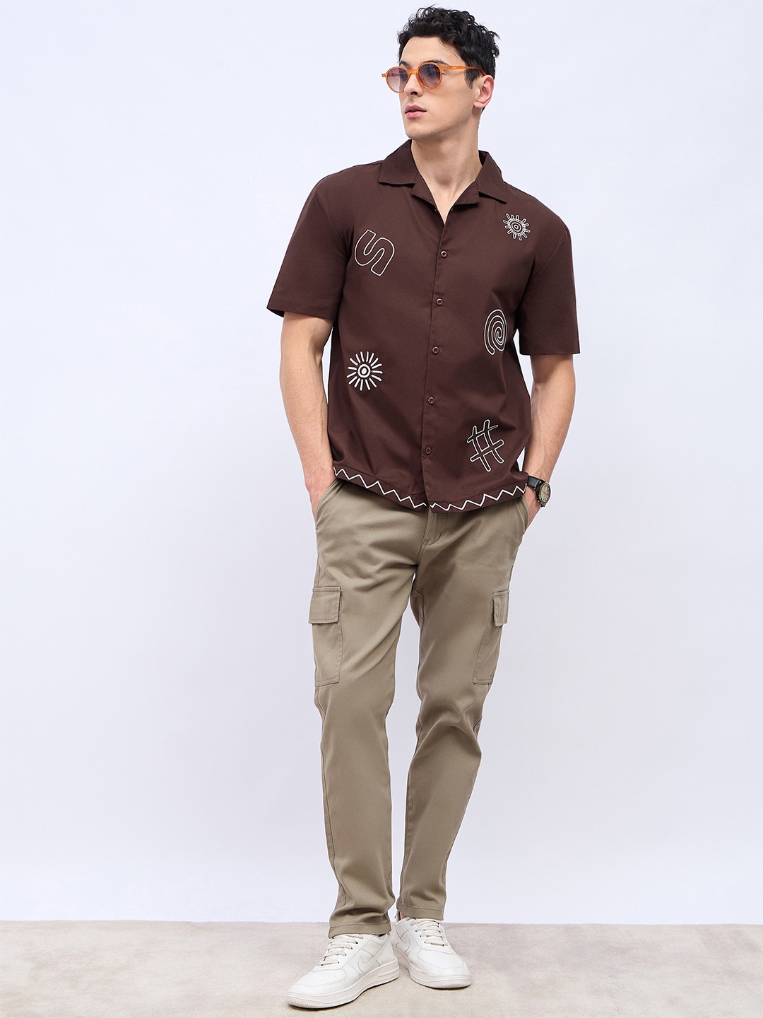 

Styli Cotton Slub Embroidered Relaxed Shirt, Brown
