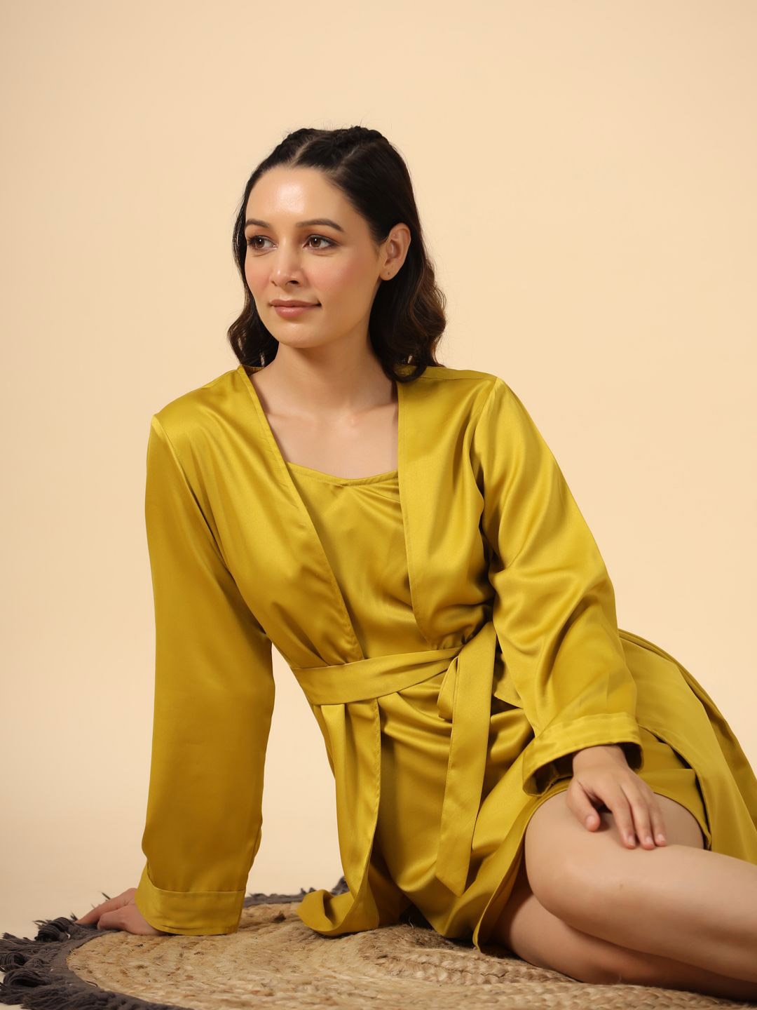 

ETC Mustard Shoulder Straps Nightdress & Robe, Gold
