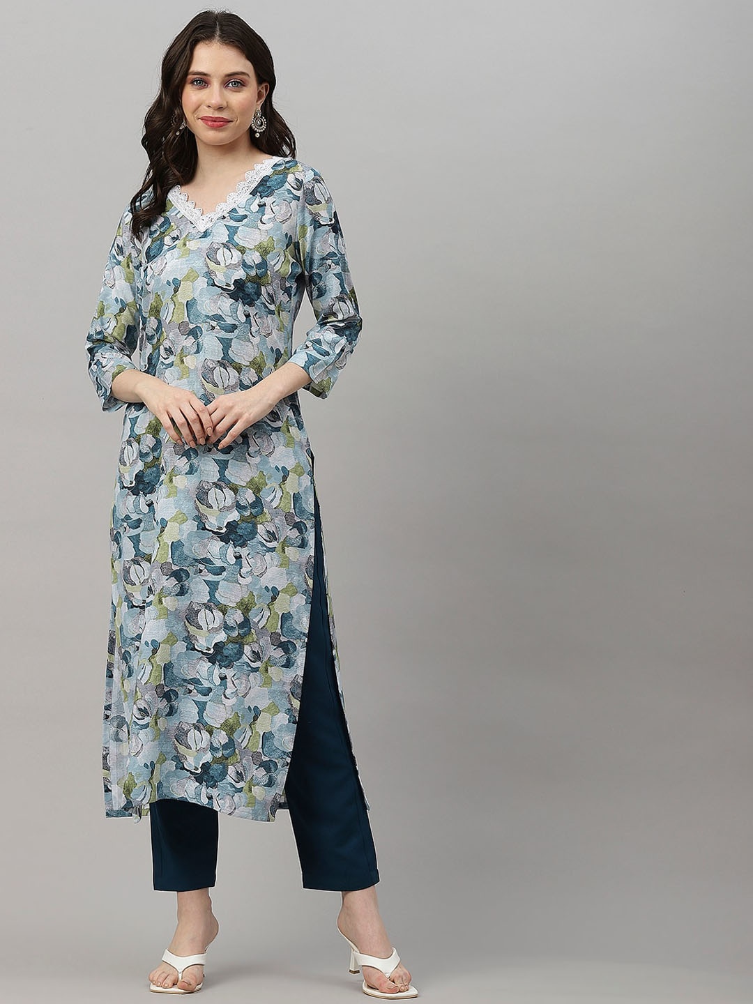 

KALINI Floral Printed Regular Thread Work Kurta with Trouser, Turquoise blue