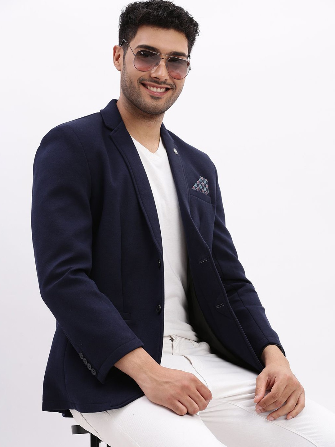 

SHOWOFF Slim Fit Cotton Single Breasted Blazer, Navy blue