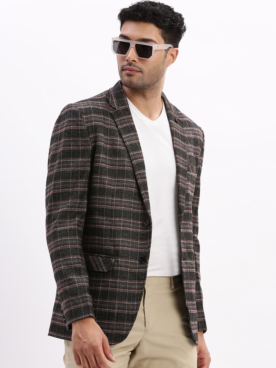 

SHOWOFF Checked Cotton Single Breasted Casual Blazer, Grey