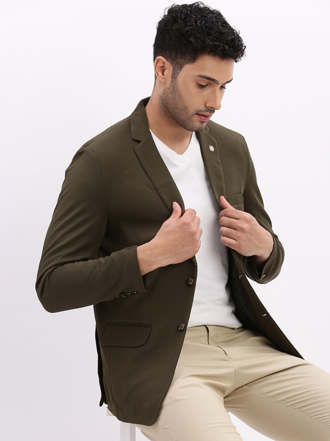 

SHOWOFF Slim-Fit Single Breasted Notched Lapel Collar Cotton Casual Blazer, Olive