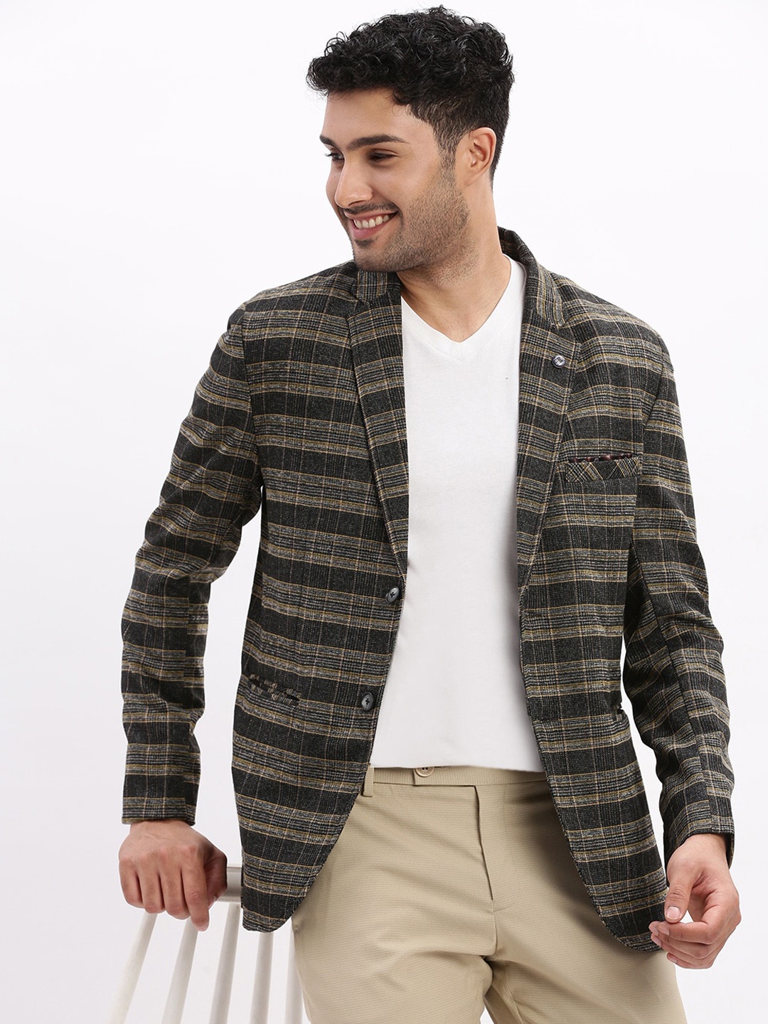

SHOWOFF Slim-Fit Checked Notched Lapel Collar Single Breasted Casual Blazer, Black