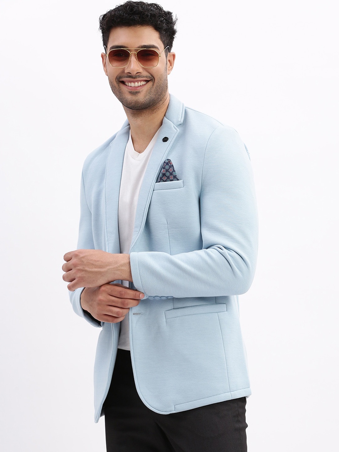 

SHOWOFF Notched Lapel Slim Fit Cotton Single Breasted Blazer, Blue