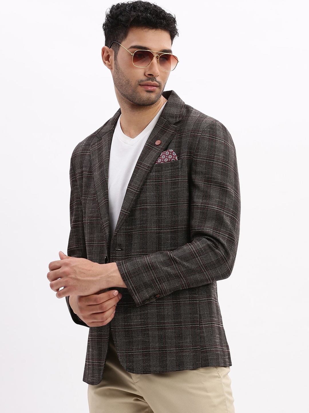 

SHOWOFF Checked Slim-Fit Notched Lapel Collar Single Breasted Cotton Casual Blazer, Brown