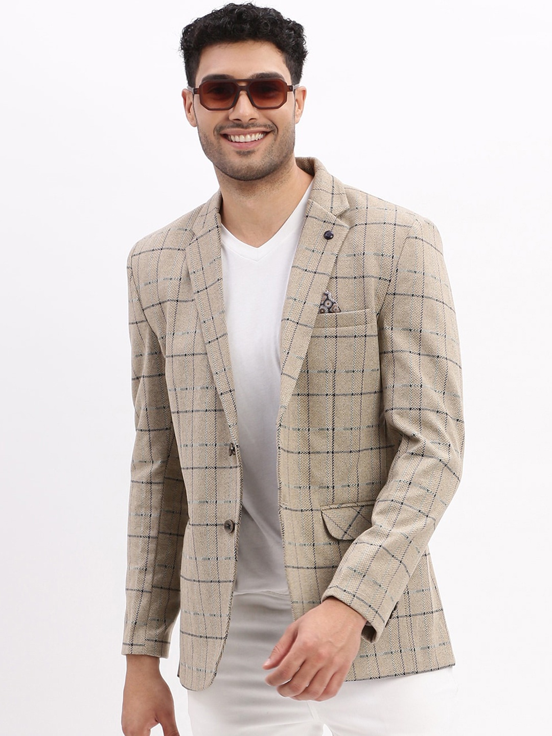 

SHOWOFF Checked Single-Breasted Notched Lapel Collar Casual Blazer, Beige