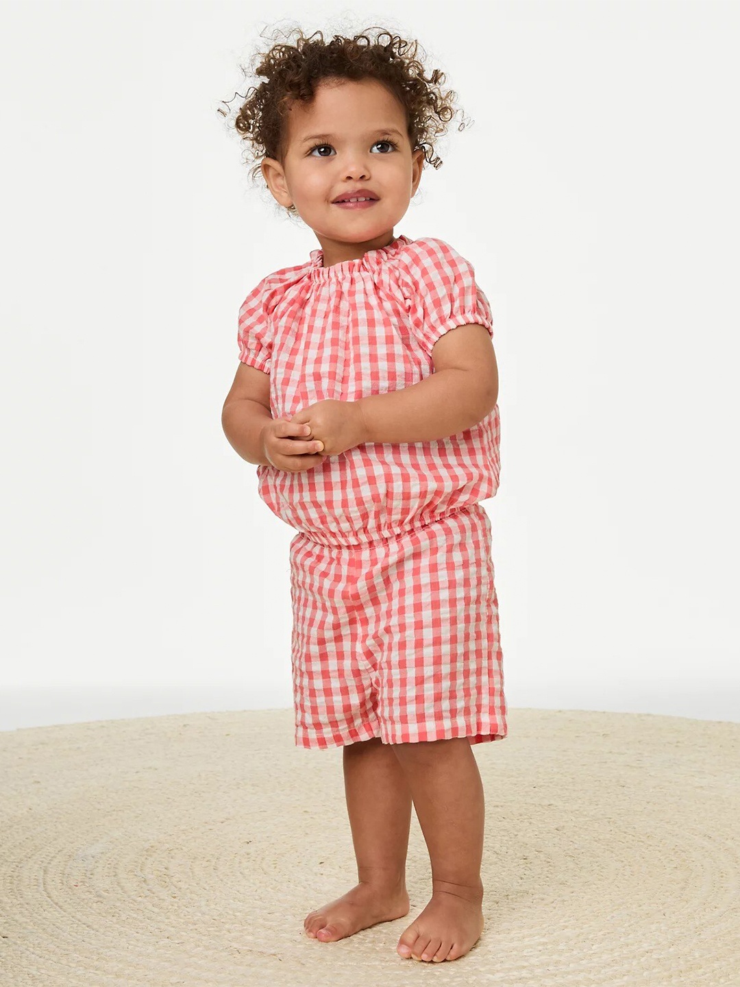 

Marks & Spencer Girls Round Neck Short Sleeves Checked Top with Shorts, Coral