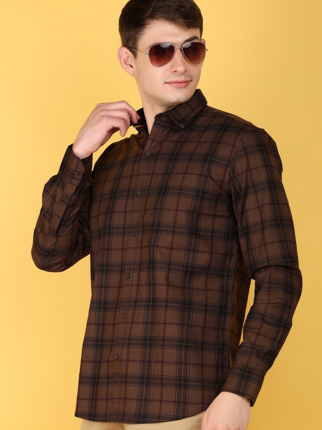 

V-Mart Tartan Checked Spread Collar Casual Shirt, Brown