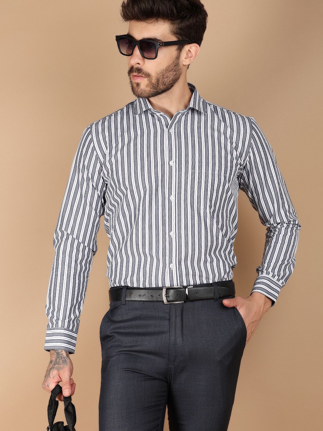 

V-Mart Spread Collar Striped Cotton Formal Shirt, Beige