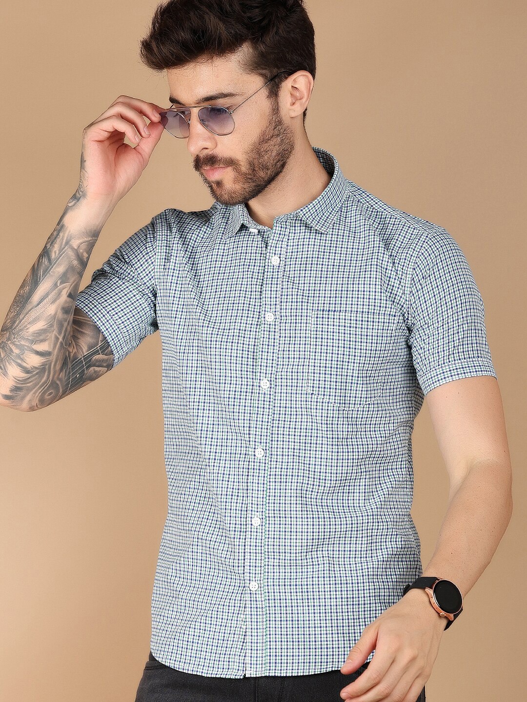 

V-Mart Slim Fit Micro Checked Spread Collar Poplin Casual Shirt, Green
