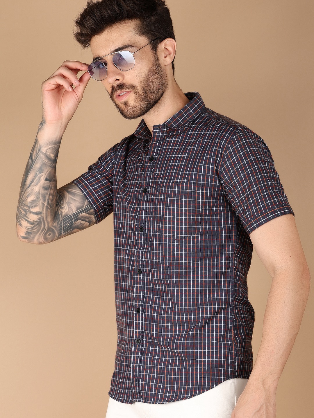 

V-Mart Spread Collar Slim Fit Checked Cotton Casual Shirt, Orange