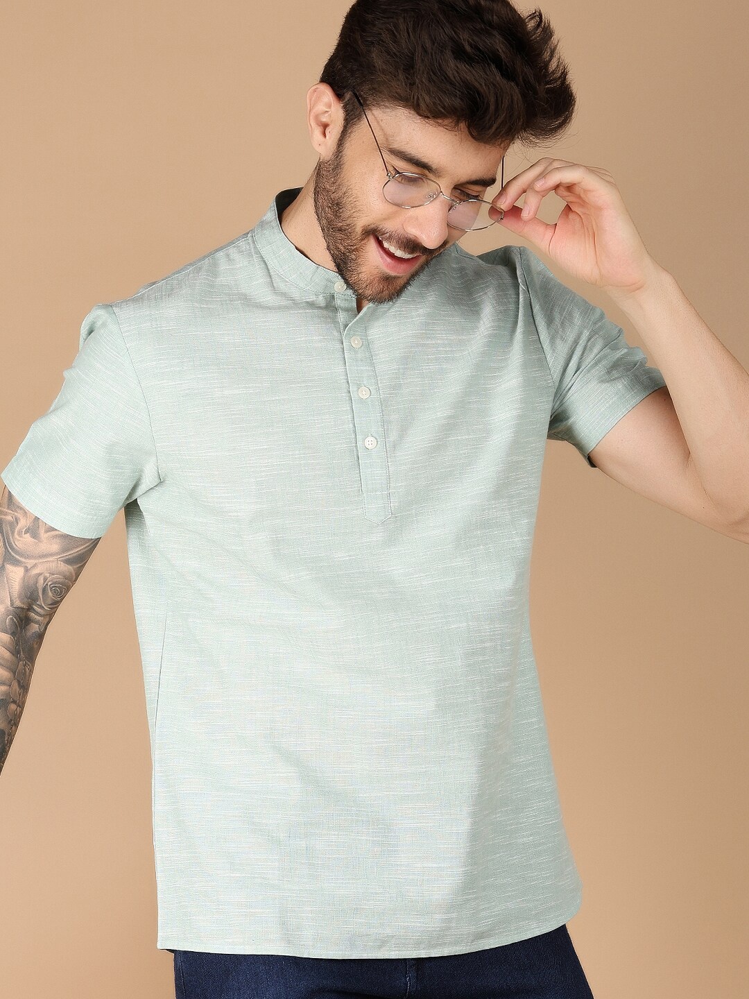 

V-Mart Slim Fit Mandarin Collar Cotton Casual Shirt, Green