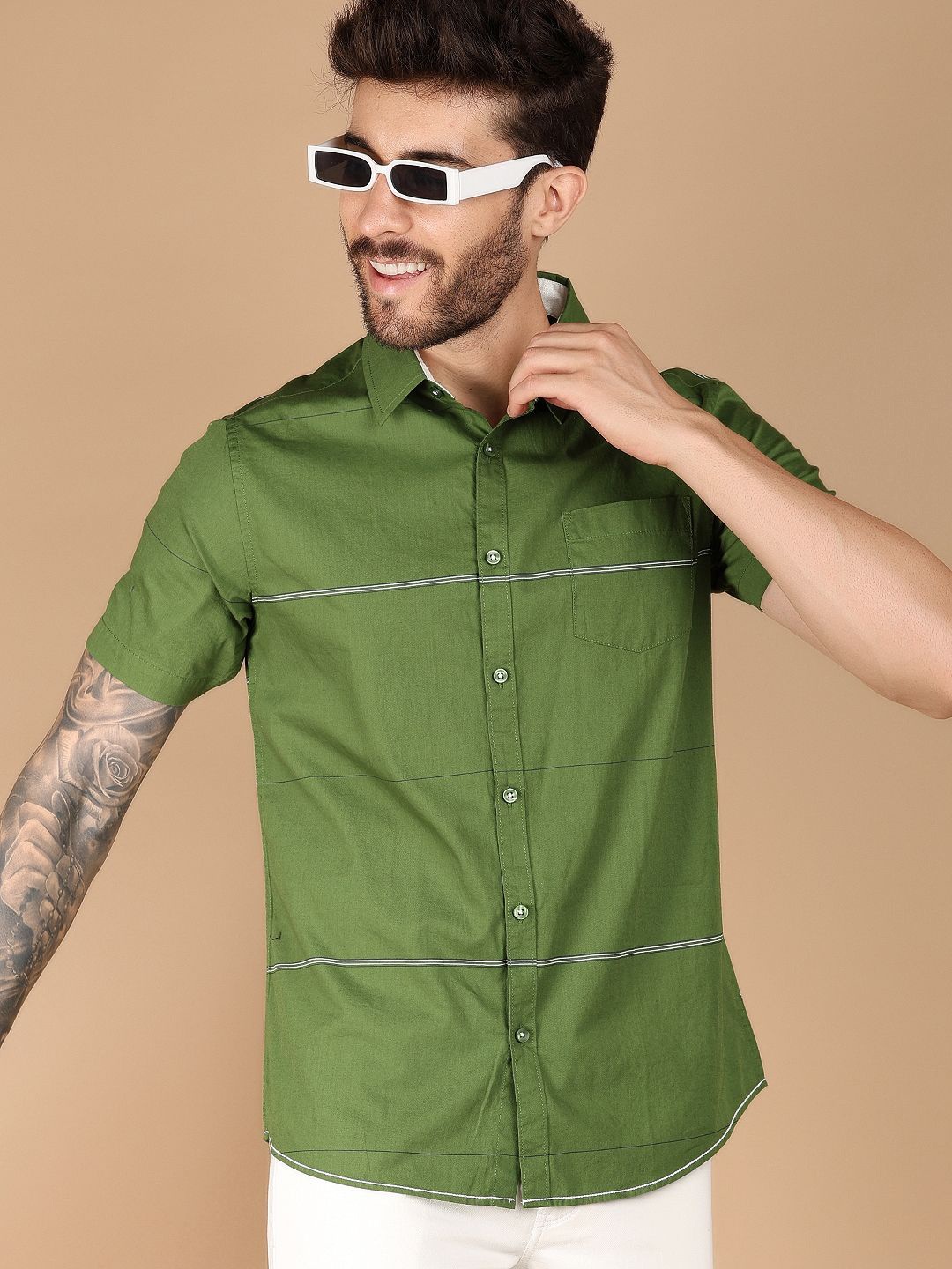 

V-Mart Spread Collar Slim Fit Cotton Casual Shirt, Green