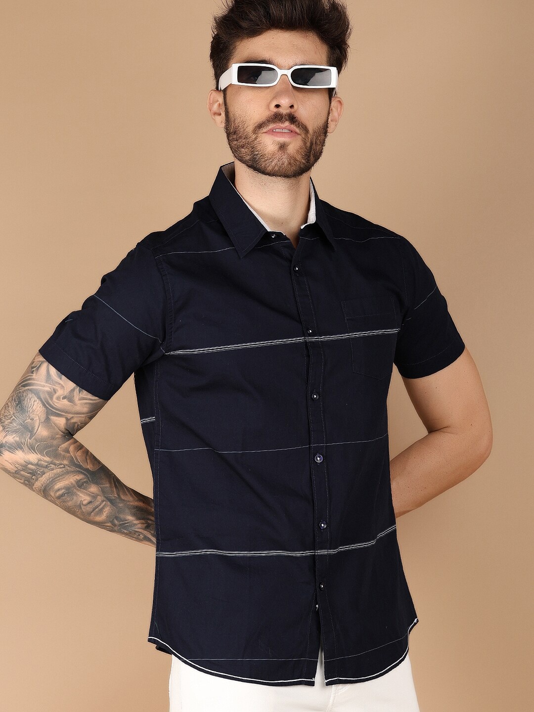 

V-Mart Slim Fit Horizontal Striped Spread Collar Cotton Casual Shirt, Navy blue