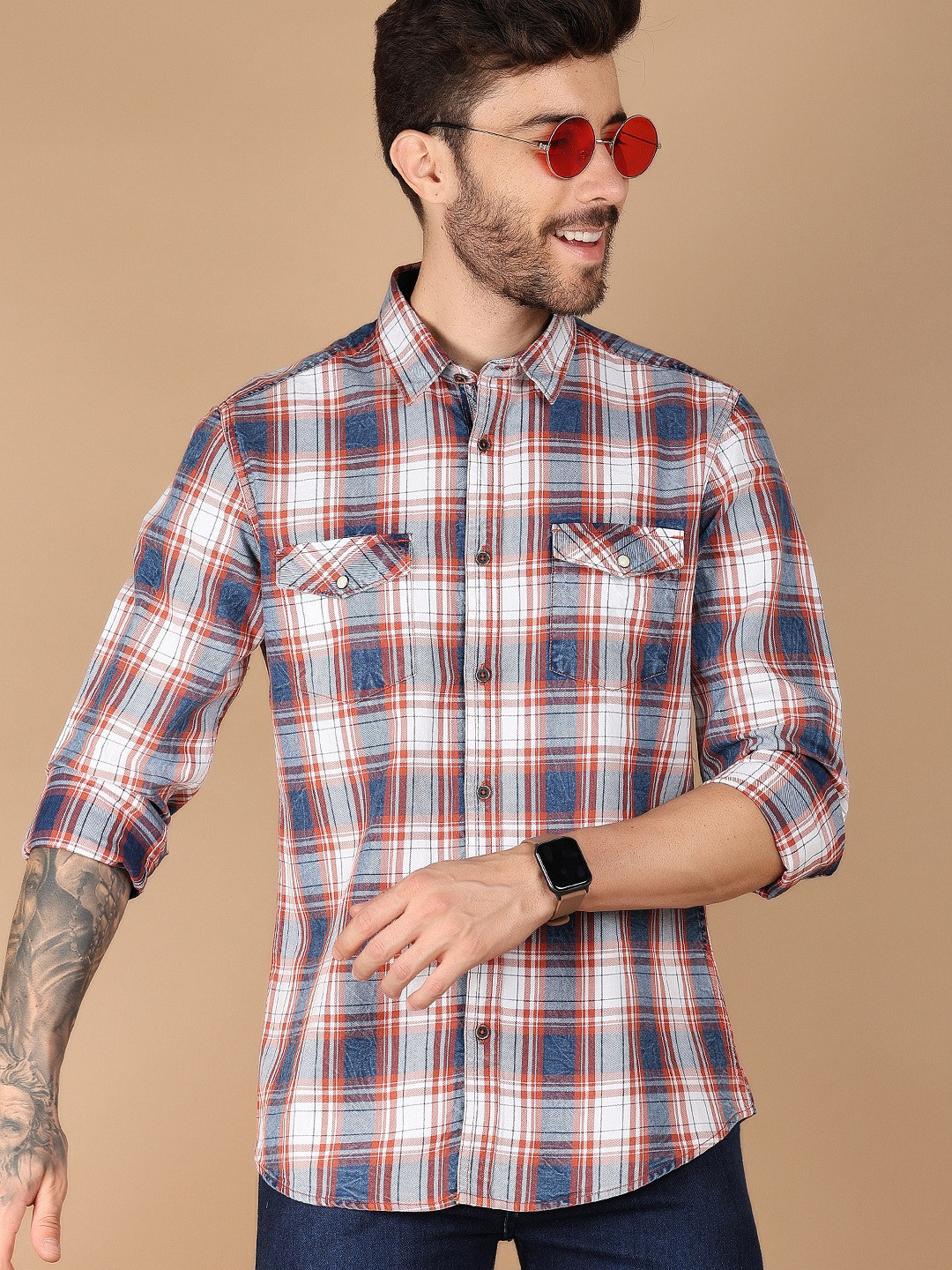 

V-Mart Slim Fit Tartan Checked Spread Collar Cotton Casual Shirt, White