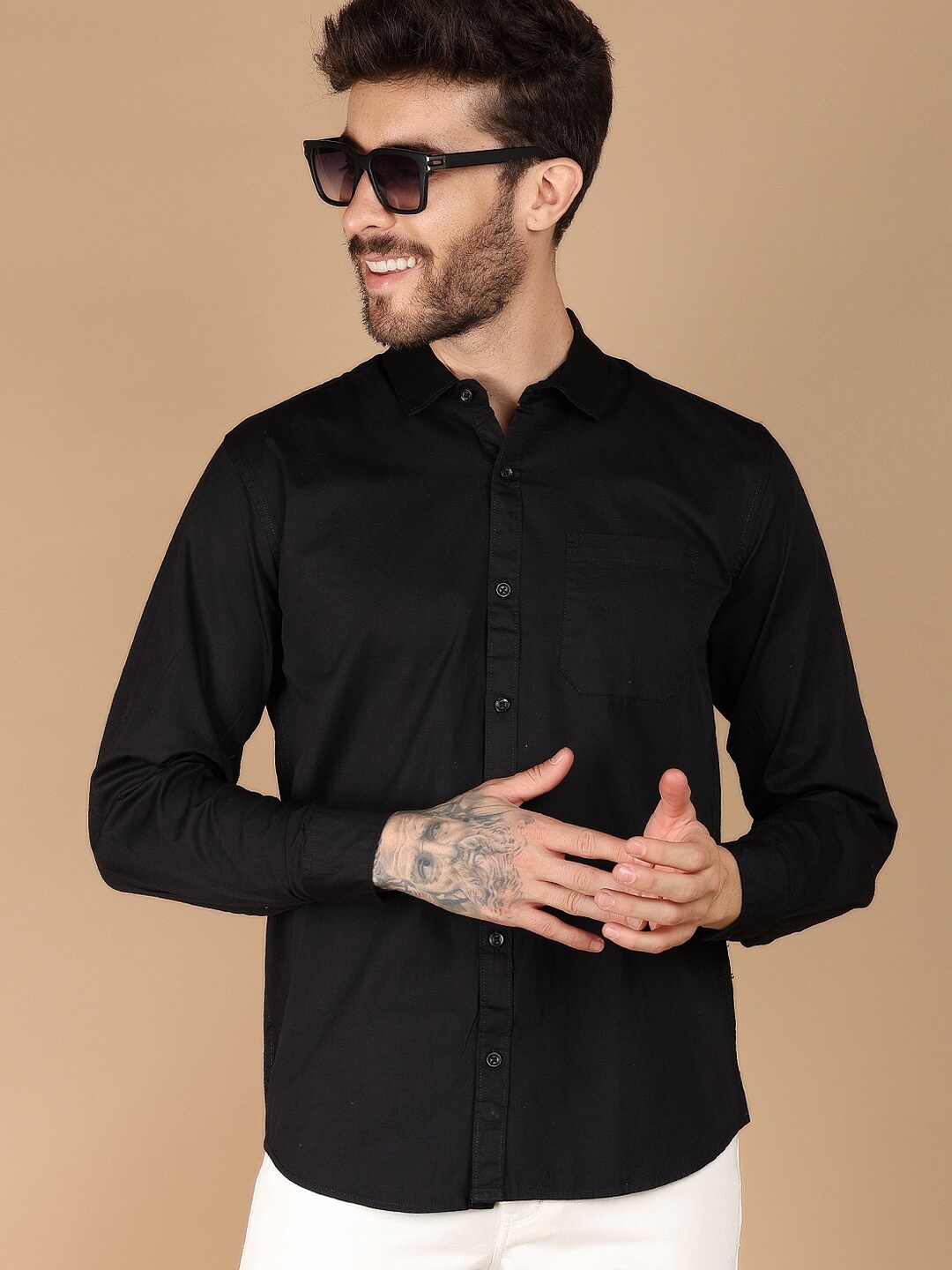 

V-Mart Spread Collar Cotton Casual Shirt, Black