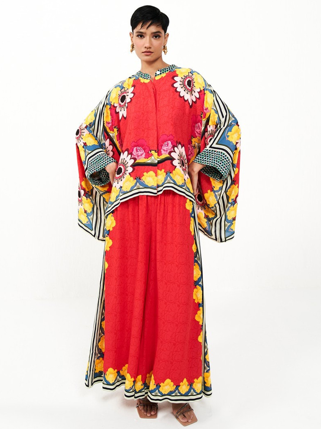 

VERB BY PALLAVI SINGHEE Alina Printed Cape Blouse With Palazzos Co-Ords, Red