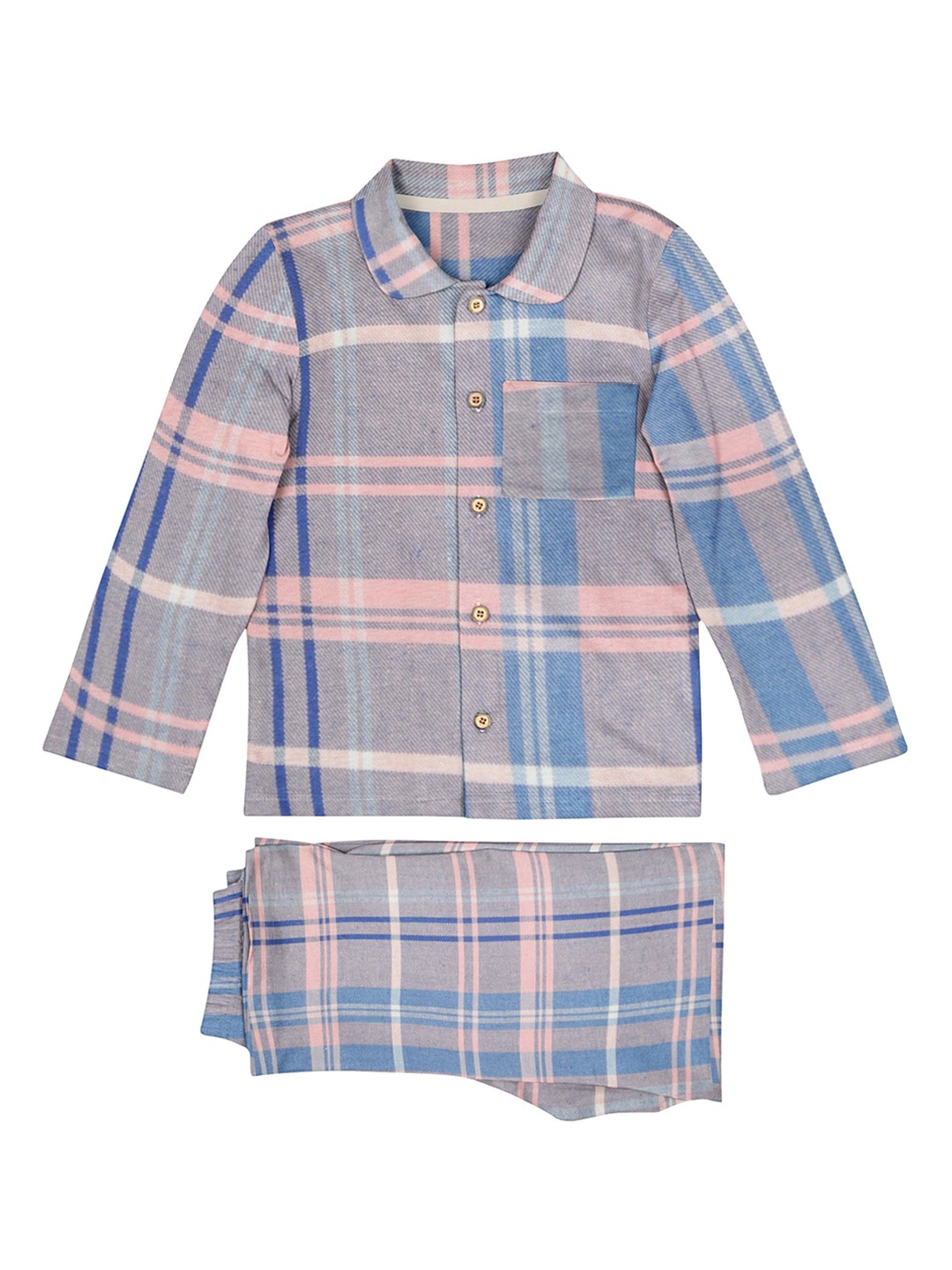 

THE BABY ATELIER Kids Checked Cotton Full Sleeved Collared Shirt With Shorts Night suit, Blue