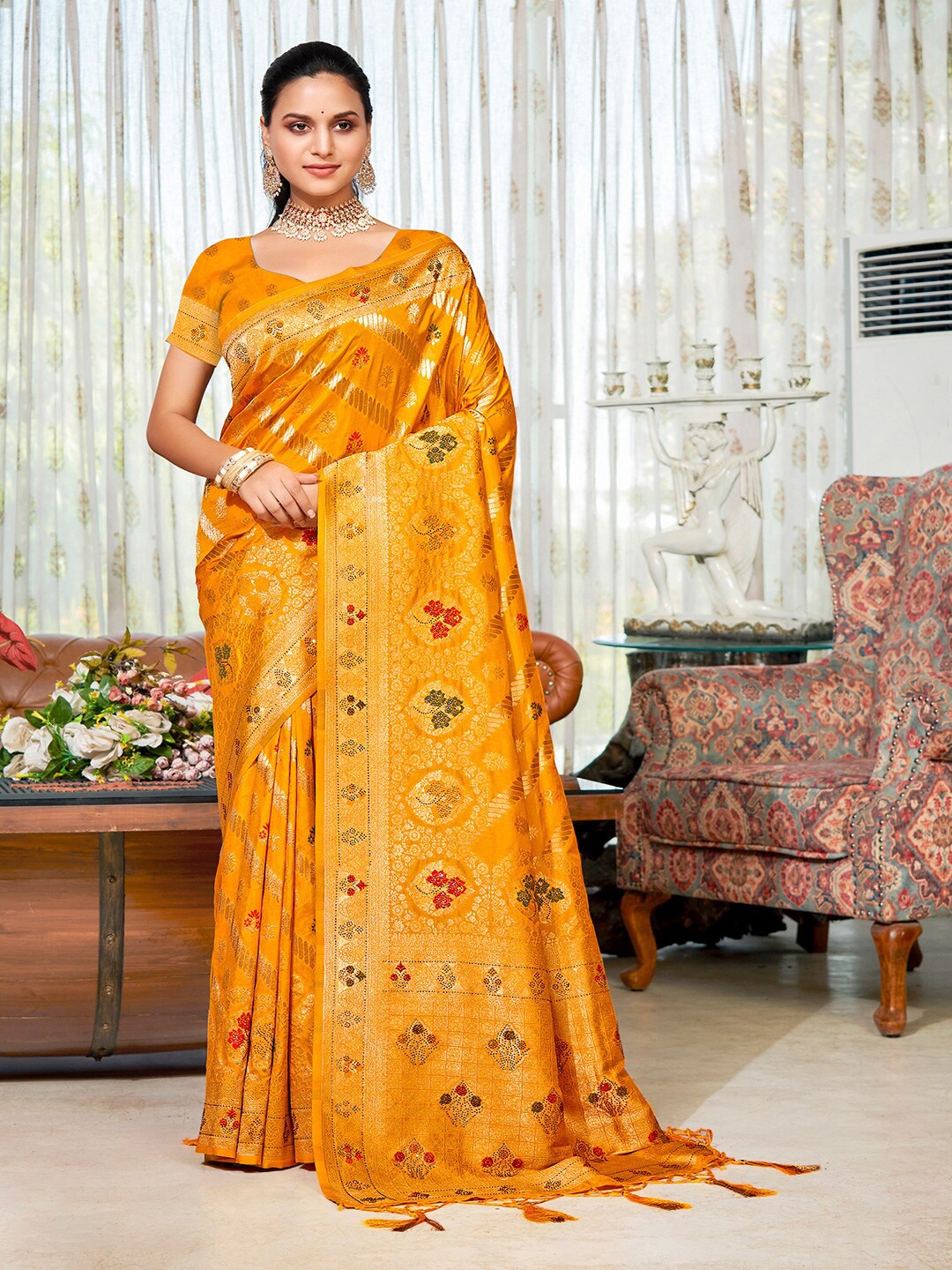 

SANGAM PRINTS Woven Design Zari Silk Blend Tussar Saree, Yellow