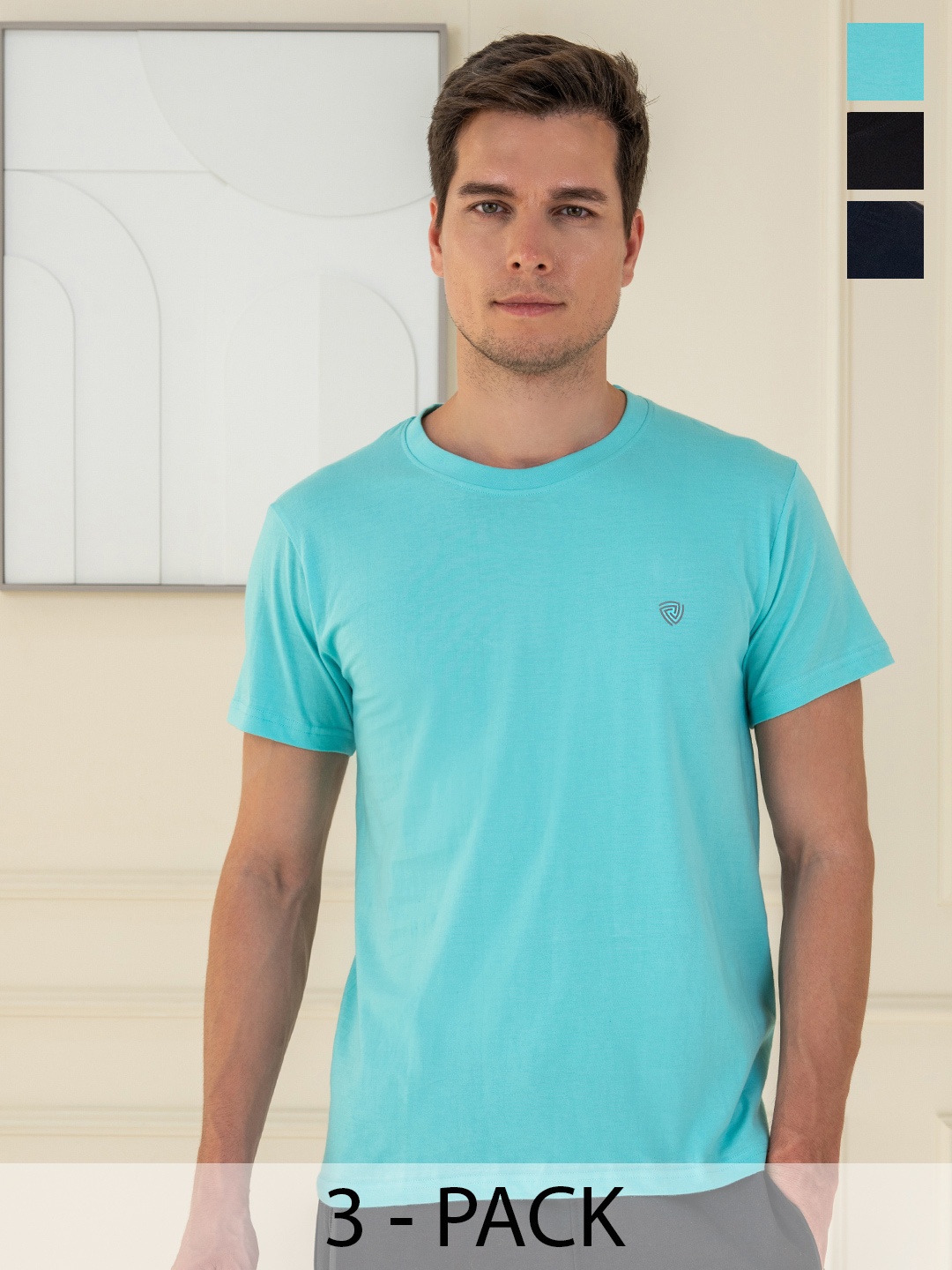 

Lux Cozi Pack Of 3 Round Neck Cotton T-shirt, Turquoise blue