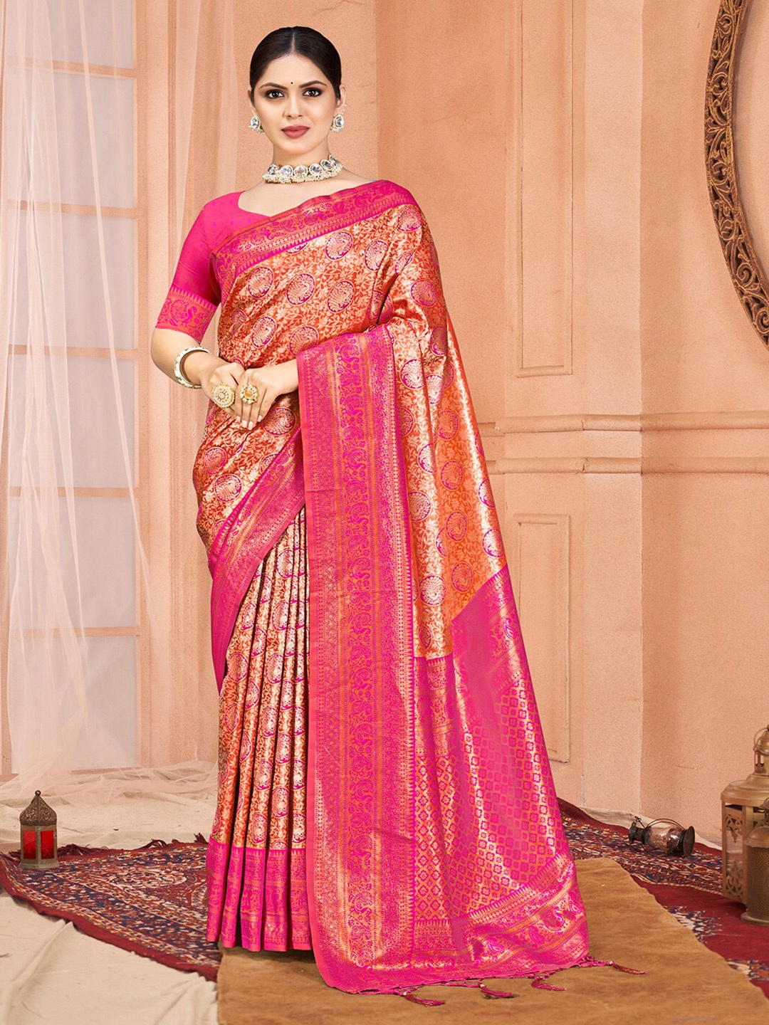 

SANGAM PRINTS Woven Design Zari Silk Blend Tussar Saree, Pink