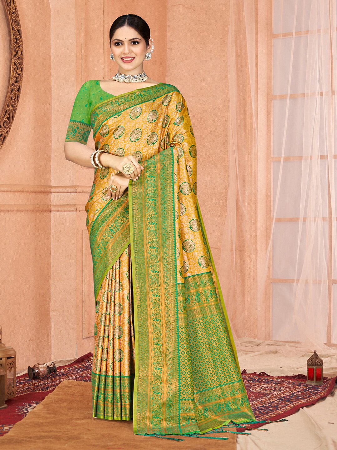 

SANGAM PRINTS Woven Design Zari Silk Blend Tussar Saree, Yellow