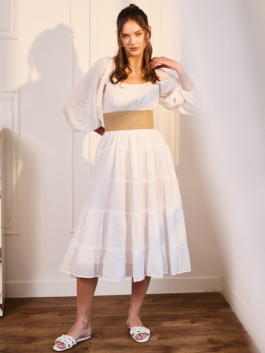 

DELAN Schiffli Puff Sleeves Square Neck Cotton Fit & Flare Dress, White