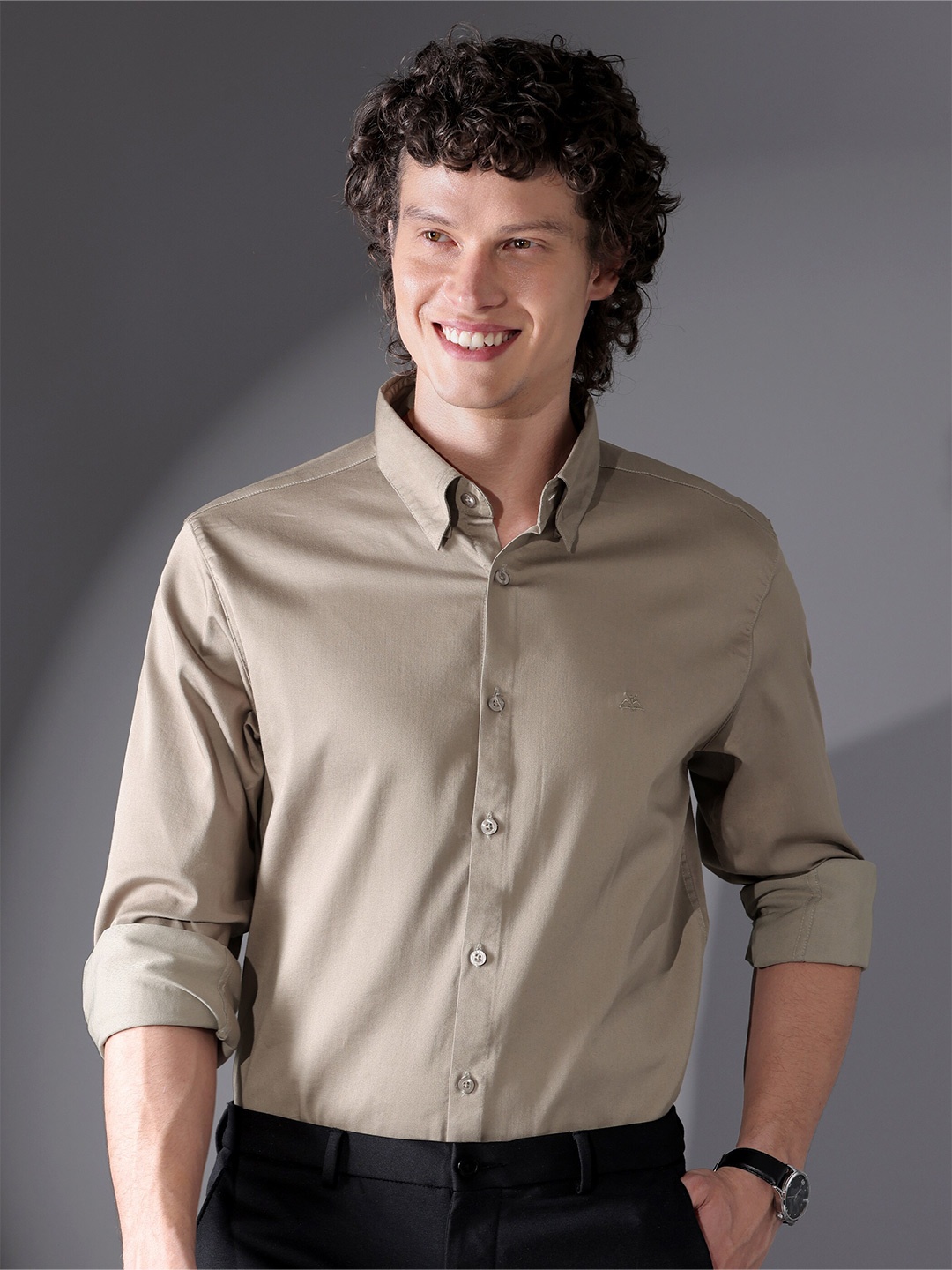 

Beyoung Solid Spread Collar Long Sleeves Formal Shirt, Beige
