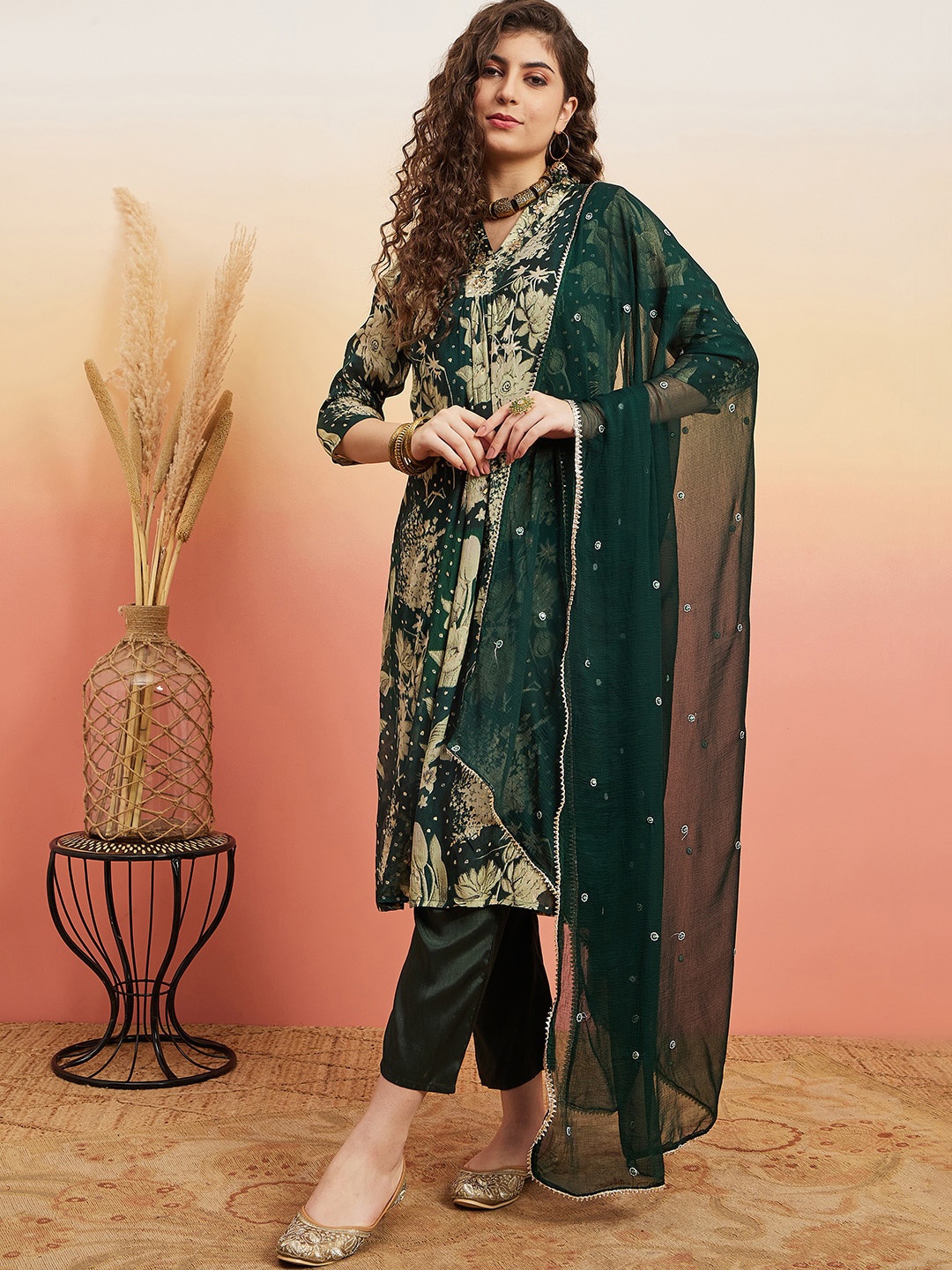 

Ishin V Neck Floral Printed Regular Sequinned Silk Georgette Straight Kurta Set, Green