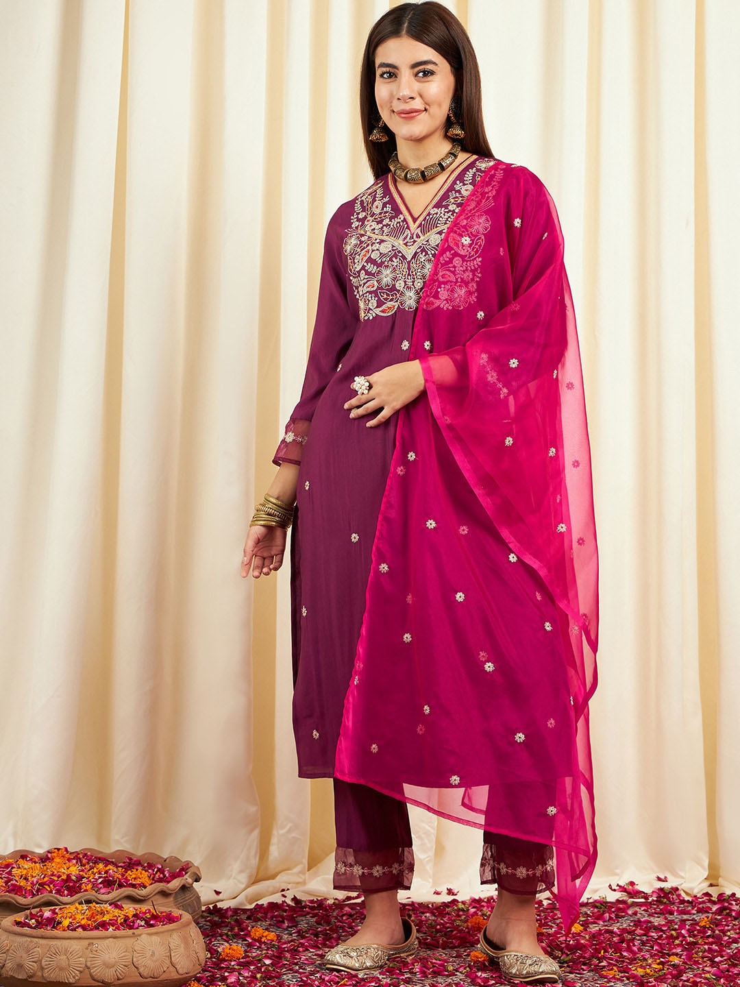 

Ishin Floral Embroidered Thread Work Pure Silk Straight Kurta with Trousers & Dupatta, Purple