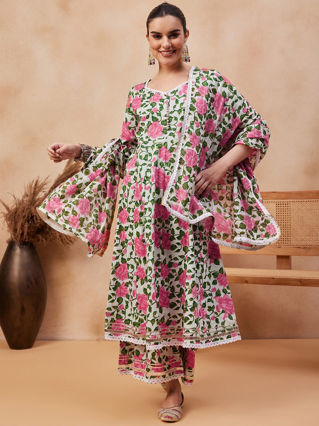 

Ishin Floral Printed Pleated Gotta Patti Pure Cotton Kurta with Sharara & Dupatta, Pink