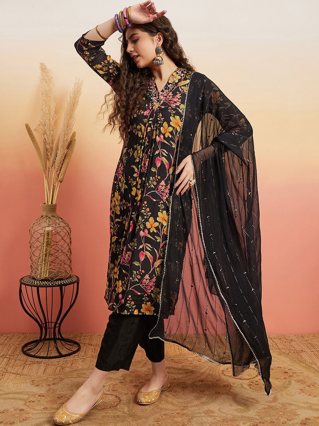 

Ishin V Neck Floral Printed Regular Mirror Work Silk Georgette Straight Kurta Set, Black