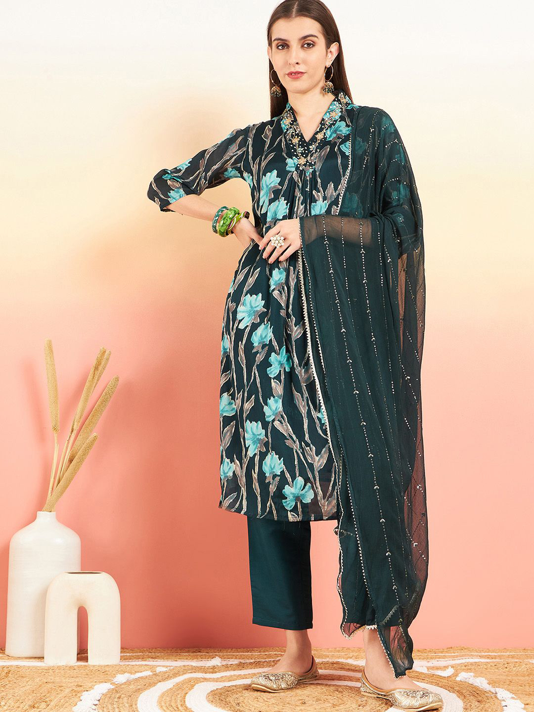 

Ishin V Neck Floral Printed Regular Mirror Work Silk Chiffon Straight Kurta Set, Teal