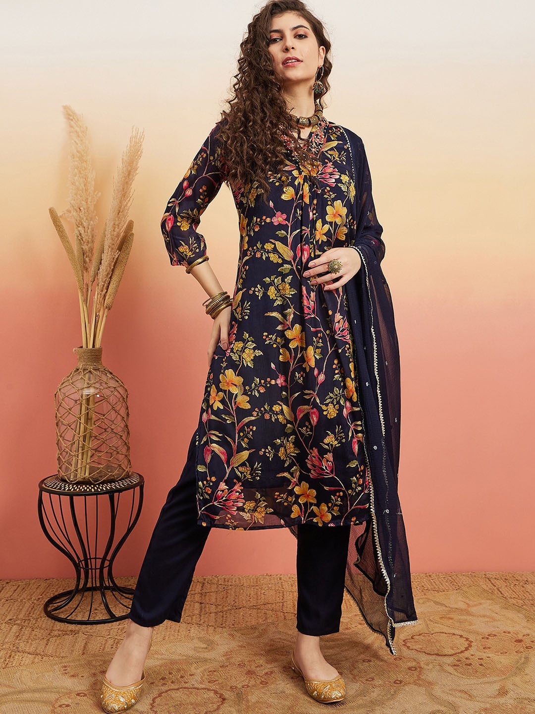 

Ishin V Neck Floral Printed Pleated Mirror Work Silk Georgette Straight Kurta Set, Navy blue