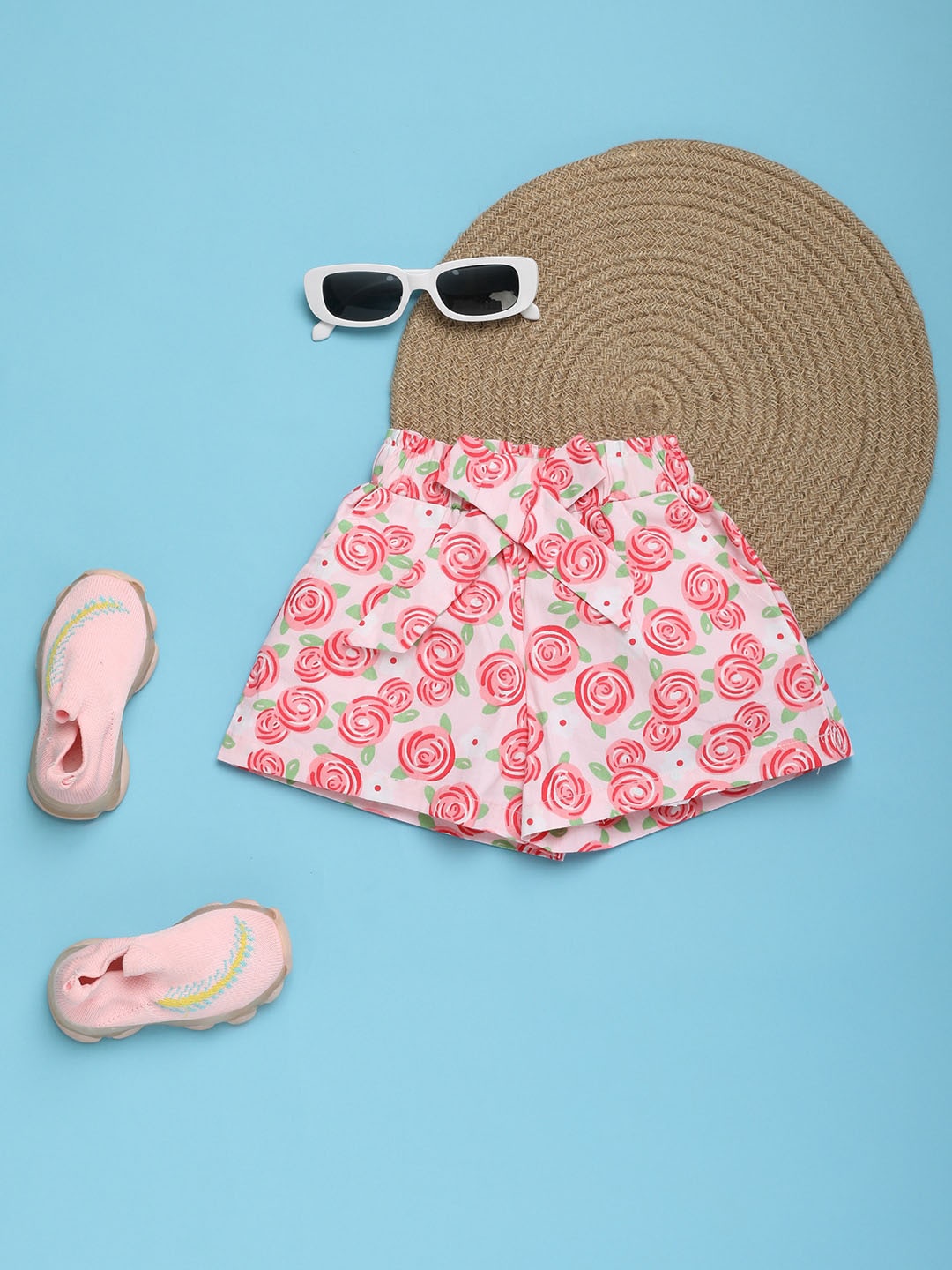 V-Mart Girls Floral Printed Mid-Rise Regular Shorts, Pink