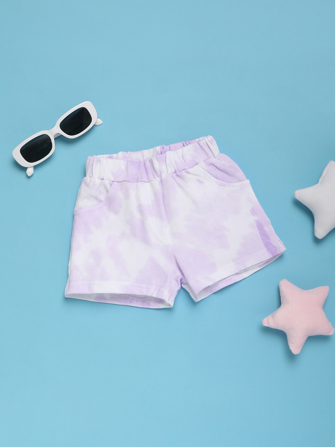 

V-Mart Girls Tie and Dye Printed Mid-Rise Cotton Casual Regular Shorts, Purple