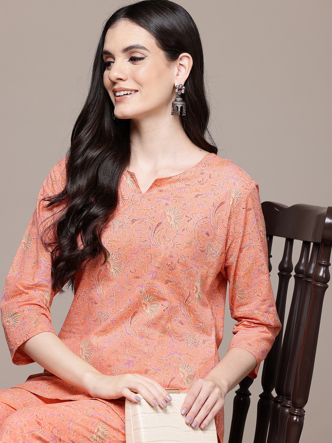 Readiprint Ethnic Motifs Printed Pure Cotton Co-Ords, Peach