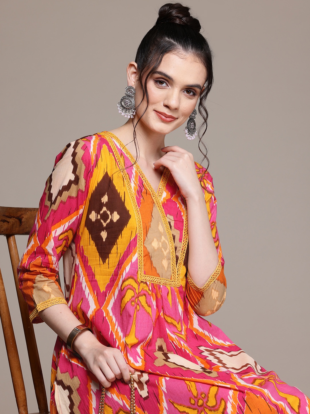 

Readiprint Geometric Printed Pure Cotton Tunic with Trousers, Orange