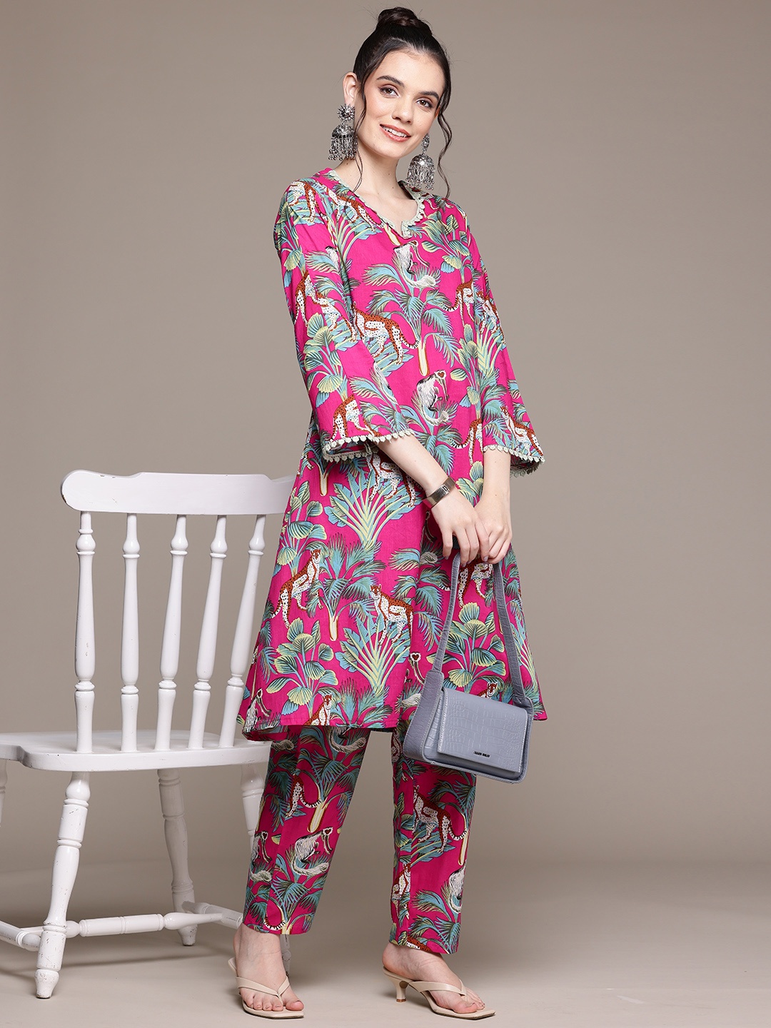 

Readiprint Fashions Floral Printed Pure Cotton Tunic with Trousers, Pink