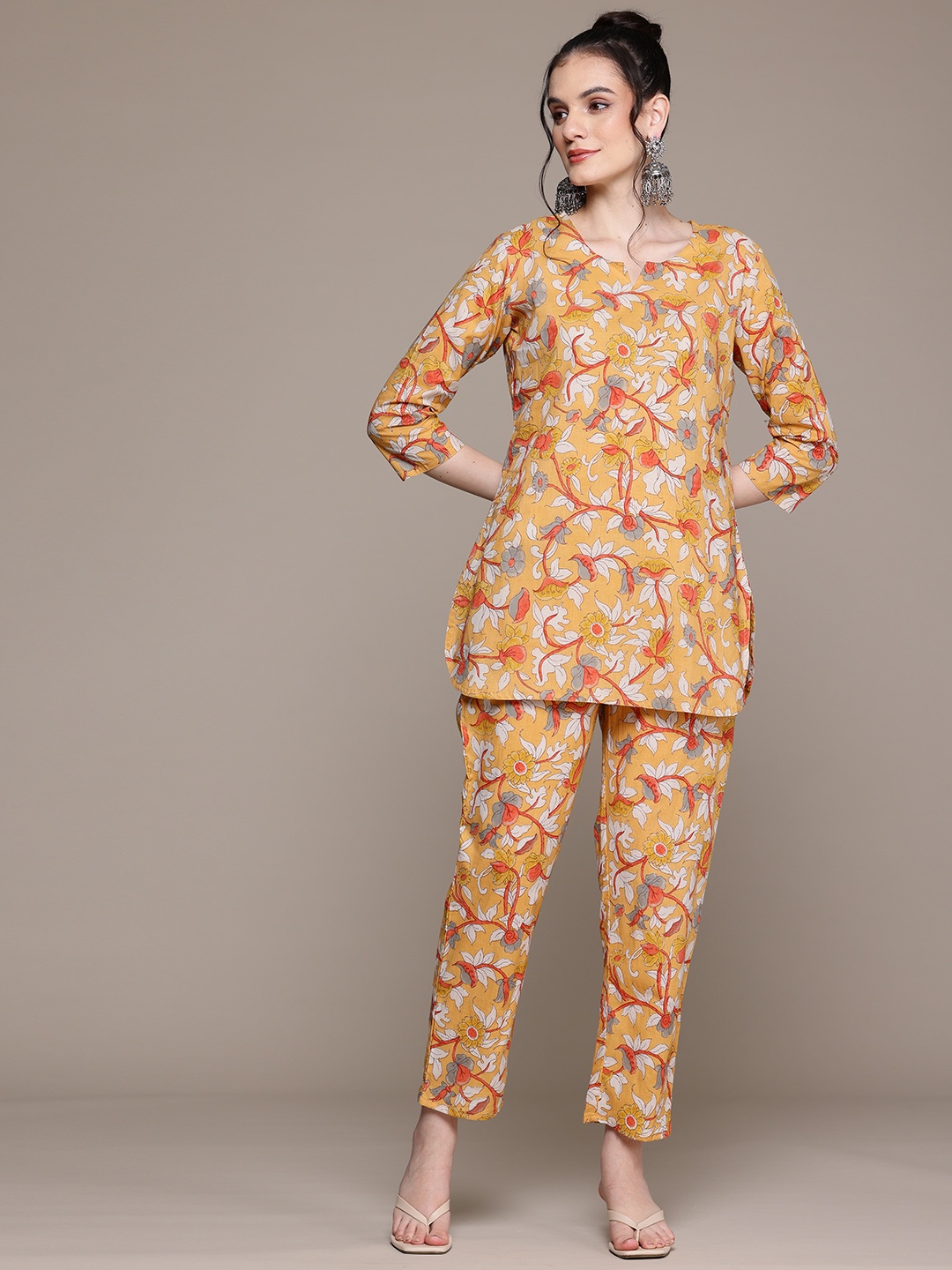 

Readiprint Floral Printed Pure Cotton Tunic with Trousers, Mustard