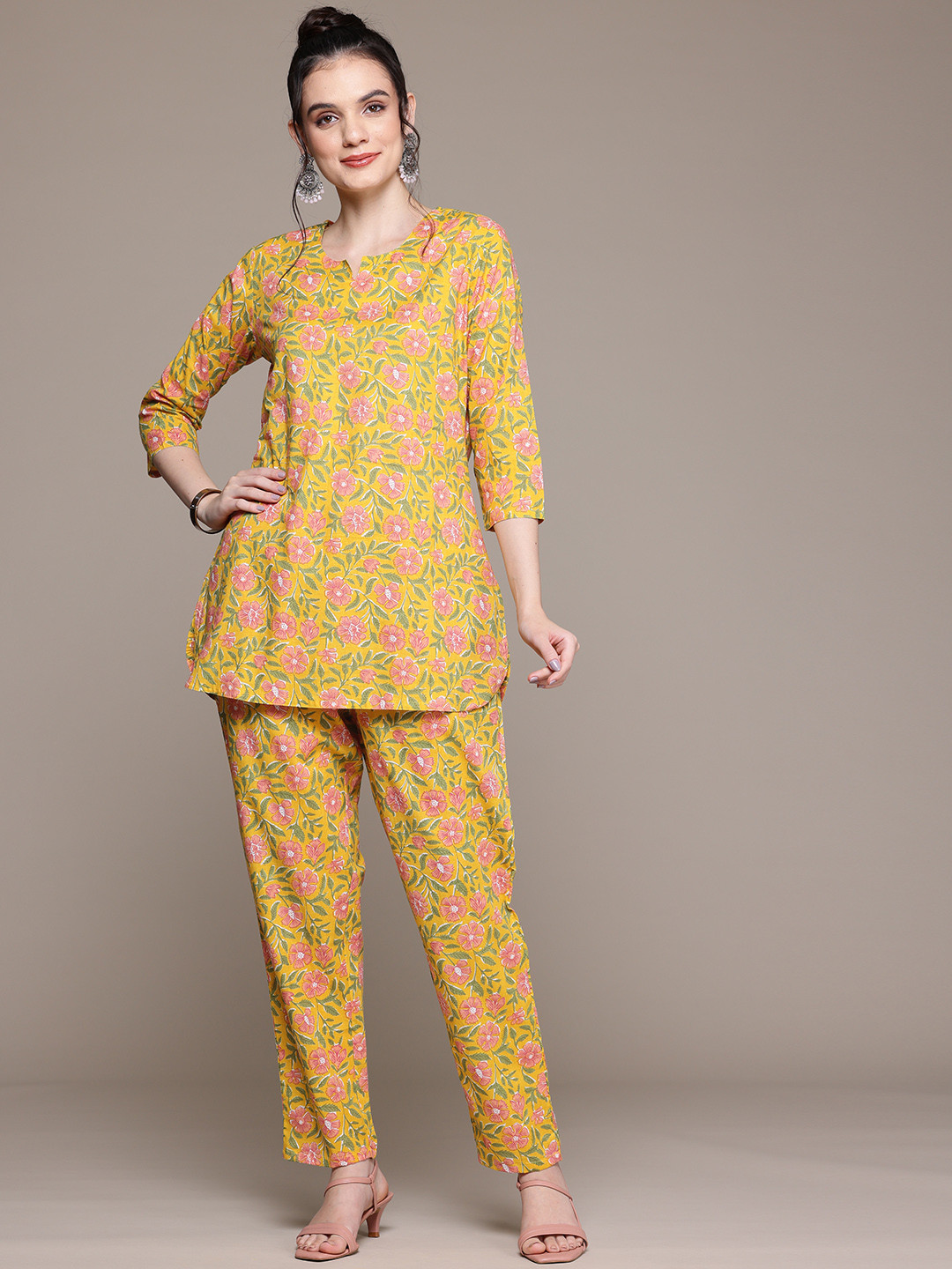 

Readiprint Floral Printed Pure Cotton Tunic with Trousers, Yellow