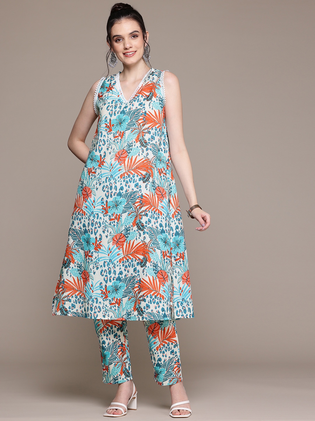 

Readiprint Floral Printed Pure Cotton Tunic with Trousers, Blue