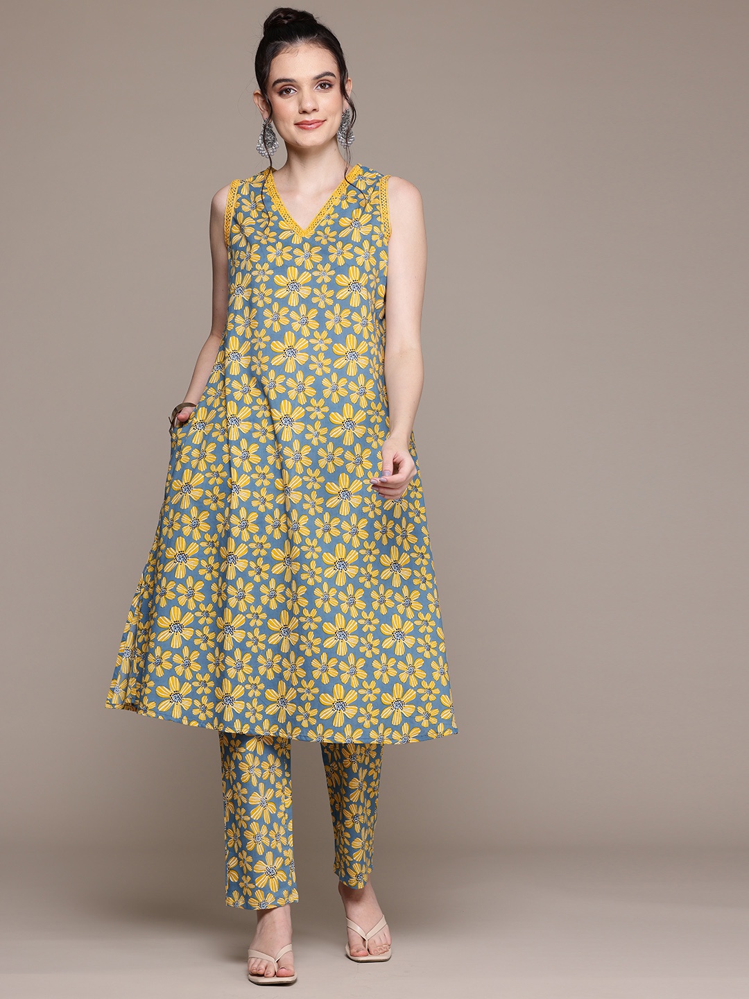 Readiprint Floral Printed Pure Cotton Tunic with Trousers, Mustard